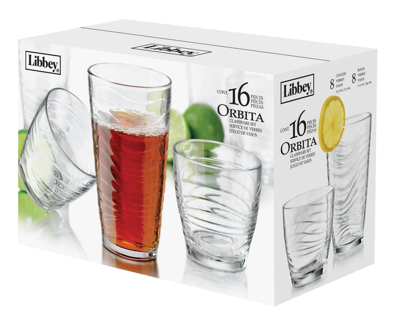 Libbey Orbita 16pc Tumbler Glassware Set, Dishwasher Safe, 8pc x 13-oz and 8pc x 18-oz F3
