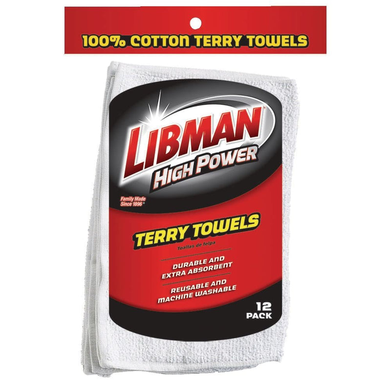 Libman Heavy Duty All-Purpose Machine Washable 100% Cotton Terry Towels, White, 12-pk Z8