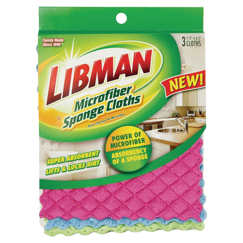 Libman Machine Washable Microfibre Sponge Cloths, Assorted Colours, 3-pk N2