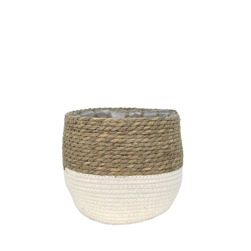 Lynne Weave Cotton Jute Round Basket Planter with Leaf-Proof Plastic Lining, 6-in N9
