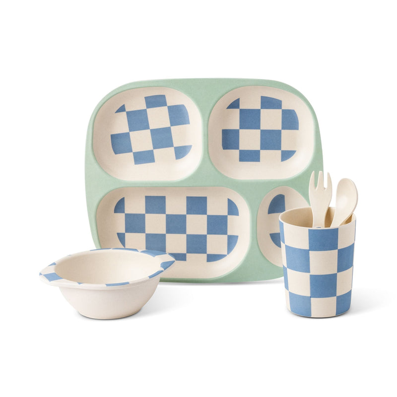Manna Kids' Bamboo Fiber Dinnerware Set, Blue Check, 5-pc A4