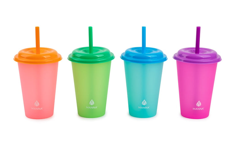 Manna Plastic Colour Changing Cups with Straws & Lids, 12-oz, 4-pk, Assorted Colours P4