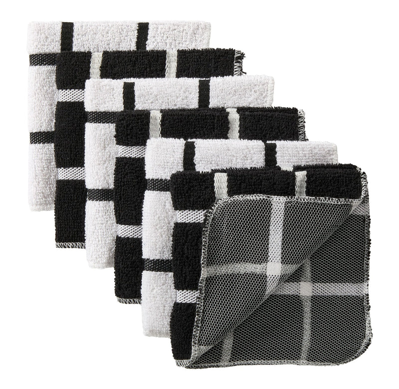 Master Chef Terry Checkered Dish Cloths with Scrubber, Black, 6-pk W5