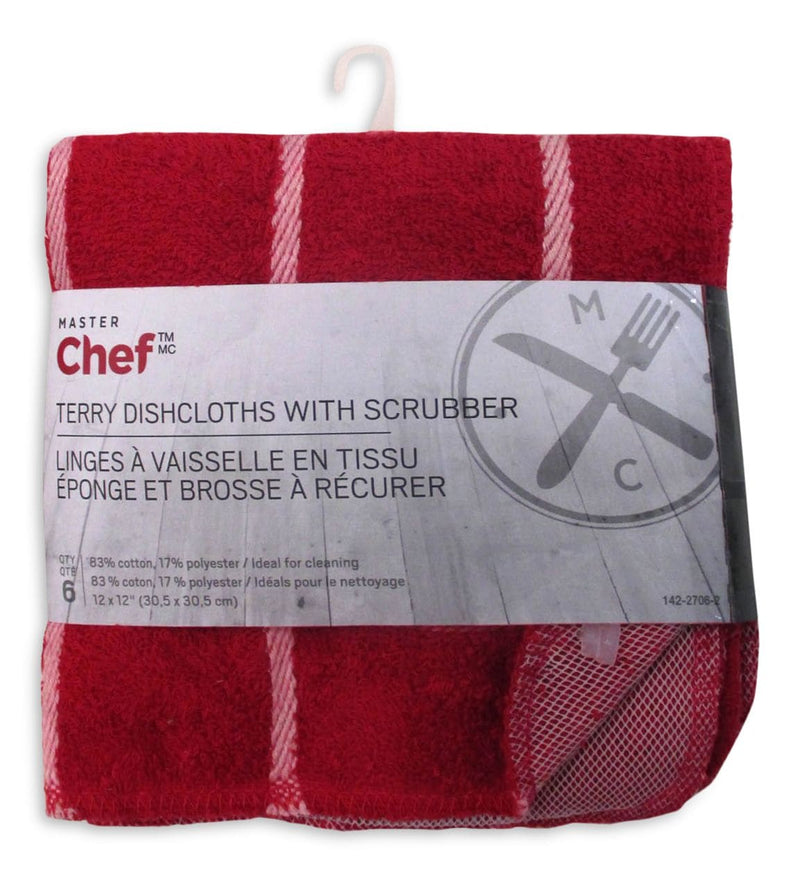 MASTER Chef Terry Cotton Checkered Dishcloths, 12-in x 12-in, Red, with Scrubber, 6-pk N4