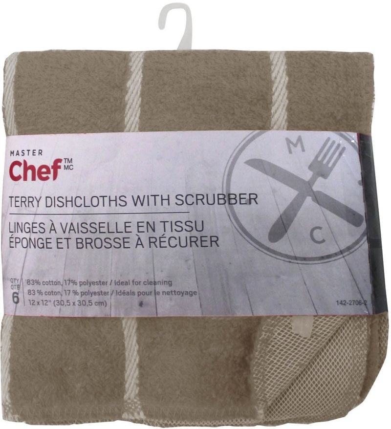 MASTER Chef Terry Cotton Checkered Dishcloths with Scrubber, 12-in x 12-in, 6-pk, Brown H3