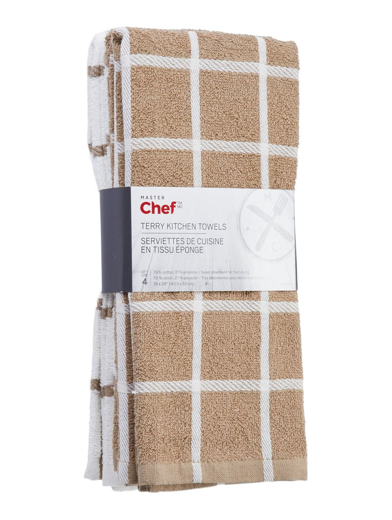 MASTER Chef Terry Cotton Checkered Kitchen Towels, Reusable, 16-in x 26-in, 4-pk, Brown/White C8