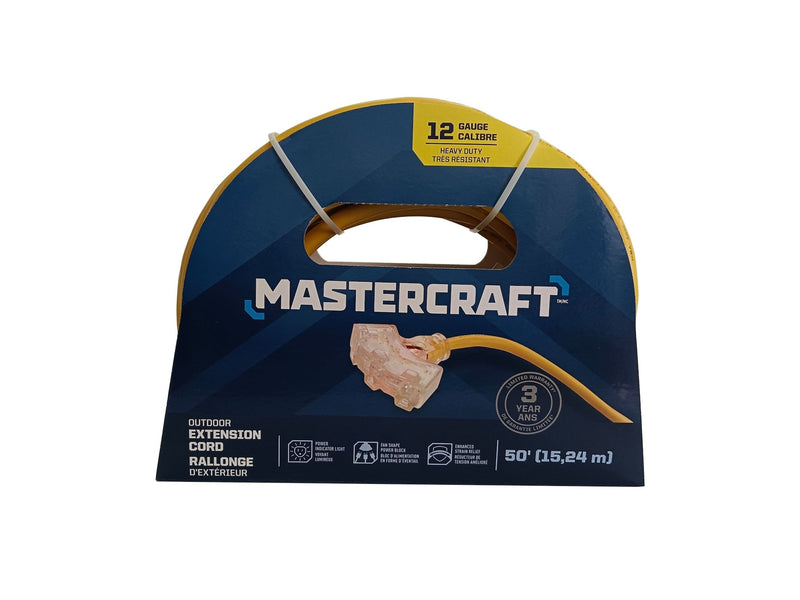 Mastercraft 12/3 Yellow Outdoor Extension Cord with 3 Grounded Outlets and Lighted End L5