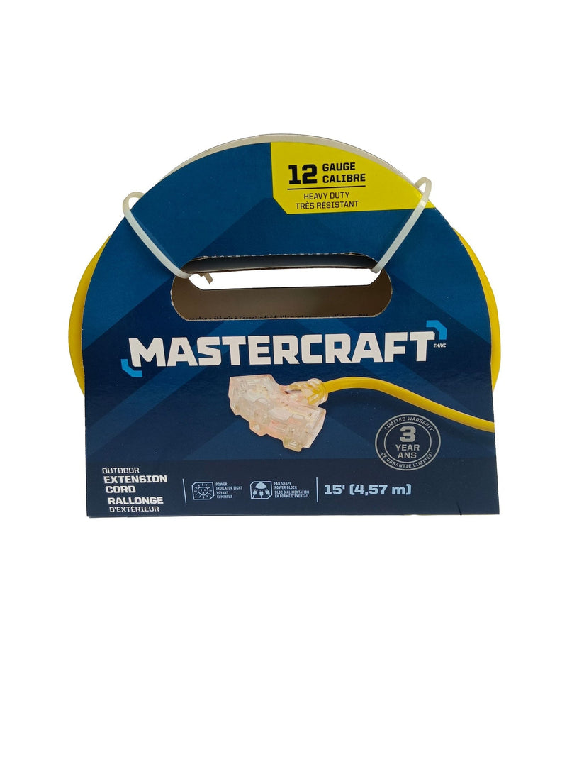 Mastercraft 15-ft 12/3 Outdoor Extension Cord with 3 Grounded Outlets and Lighted End, Yellow M9