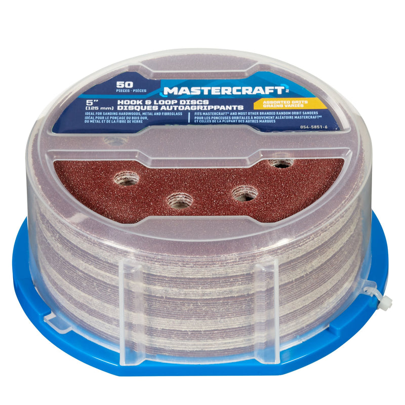 Mastercraft 5-in Assorted Grit Hook & Loop Aluminum Oxide 8-Hole Sanding Disc Set for Wood, Metal, 50-pc G7