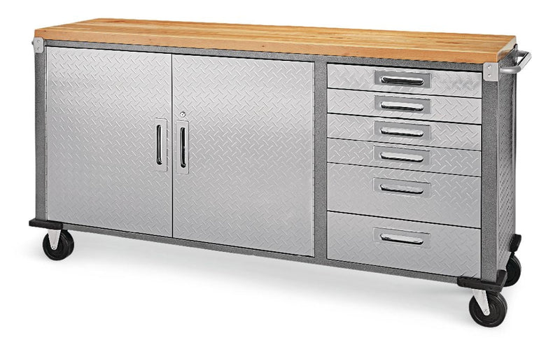 Mastercraft 72" Diamond Series 2-Door, 6-Drawer Wooden Top Work Station with Wheels, 72 x 21-5/8 x 37-1/2-in E7