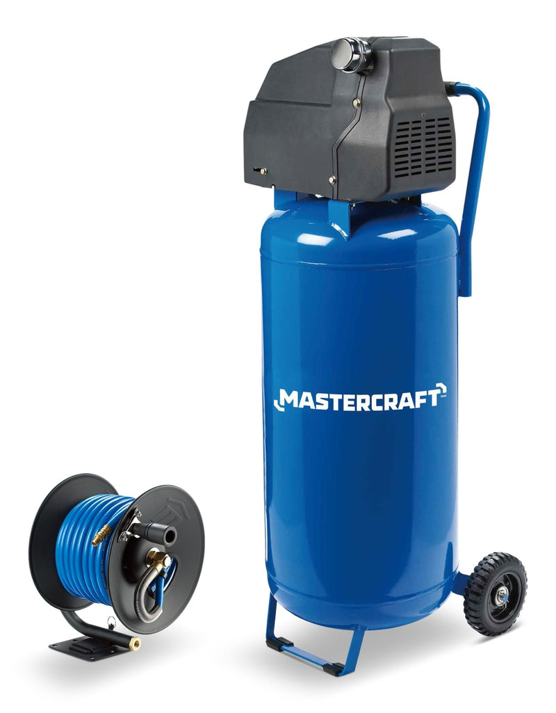 Mastercraft Oil-Free Vertical 20-Gallon Air Compressor with Bonus Hose Reel, 135-PSI, 2HP Q4