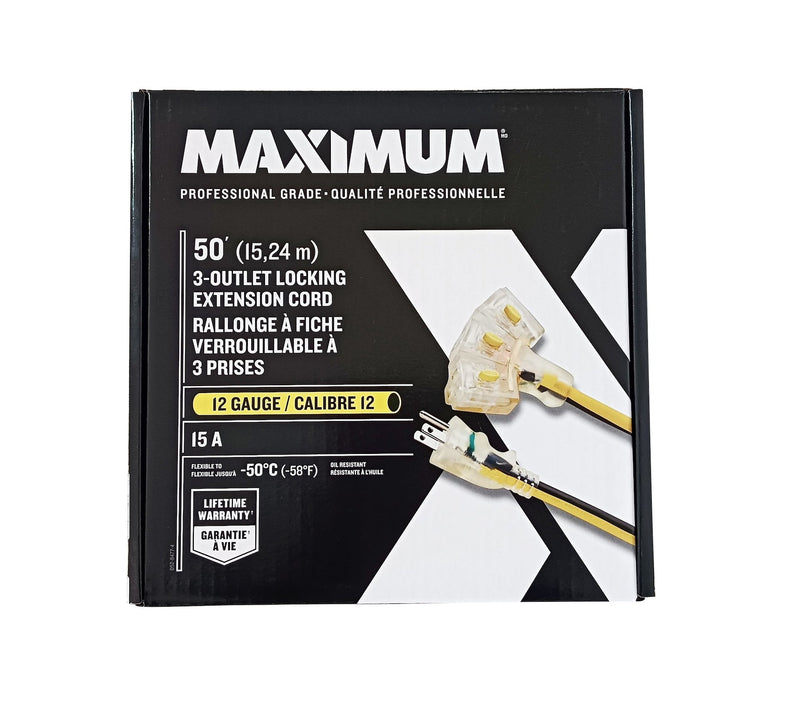 MAXIMUM 3-Outlet Locking Extension Cord, 50-ft, Yellow/Black Q4