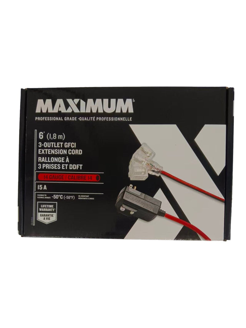 MAXIMUM 6-ft 14/3 Outdoor GFCI Extension Cord with 3 Grounded Outlets, Lighted End, Block/Red V3