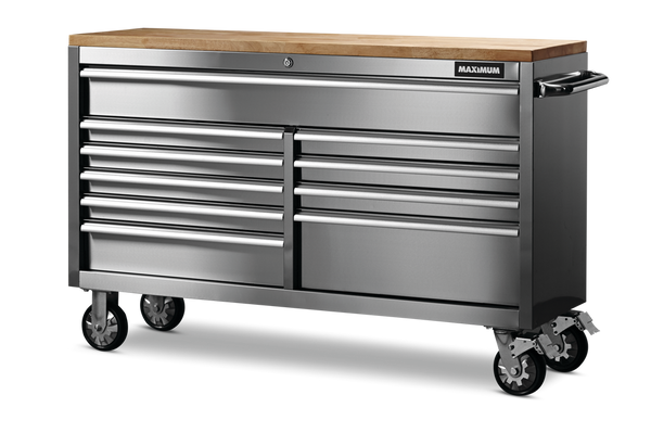 MAXIMUM Butcher Block Top Rolling Tool Storage Cabinet with 10 Drawers, Stainless Steel, 56-in T0