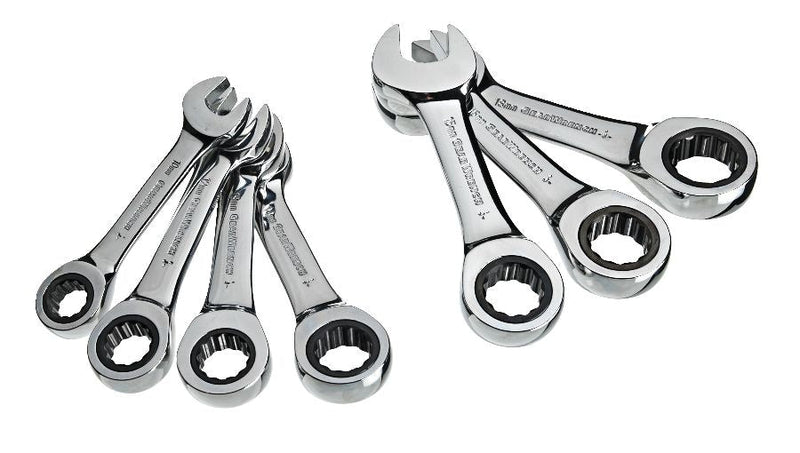 MAXIMUM Stubby Ratcheting Wrench Set, Metric, Nickel-Chrome Plating, 7-pc A0