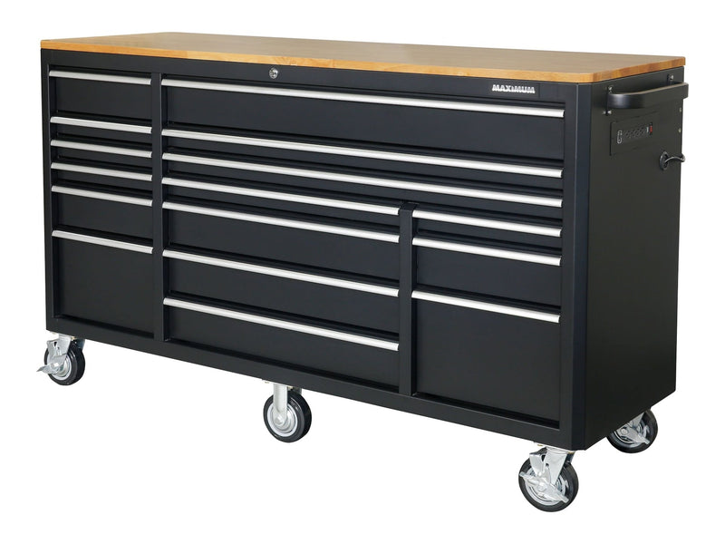 MAXIMUM Tool Cabinet with Wood Top and 4-Outlet Power Strip, Black, 74x24-in F5