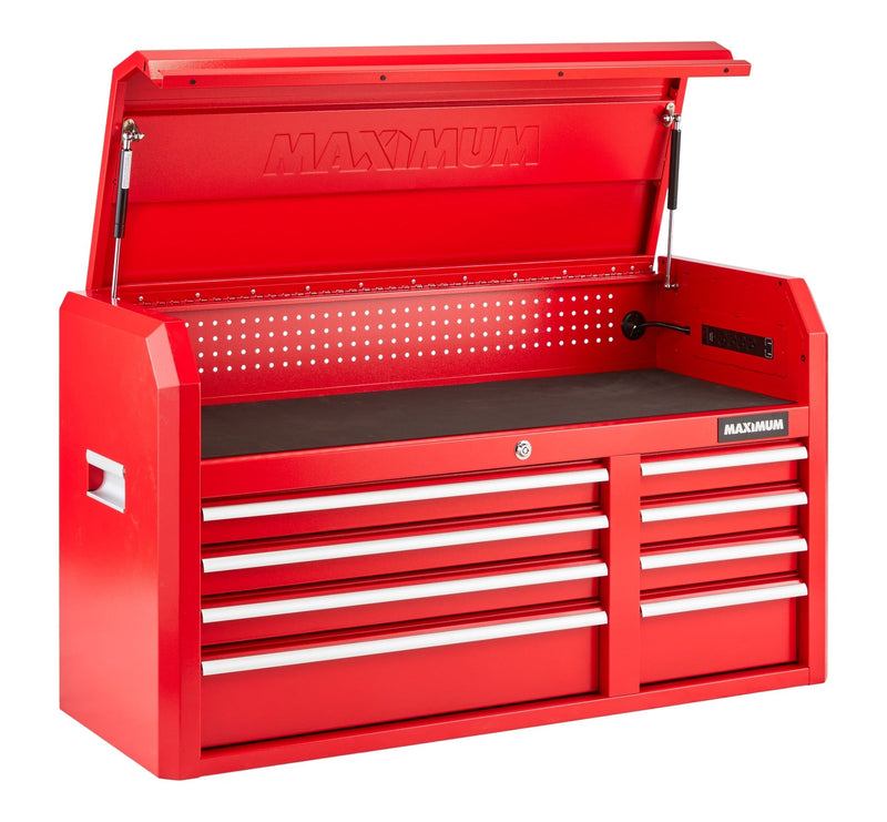 MAXIMUM Tool Storage Chest, 8-Drawer, Built-In Power Bar with USB, 47-in, Red Y8