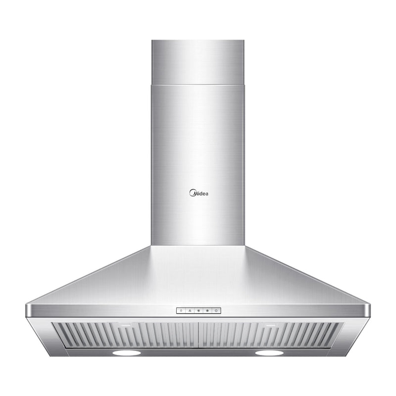 Midea Pyramid 450CFM Push Button Wall Mount Kitchen Exhaust Fan Range Hood, Stainless Steel, 30-in D0