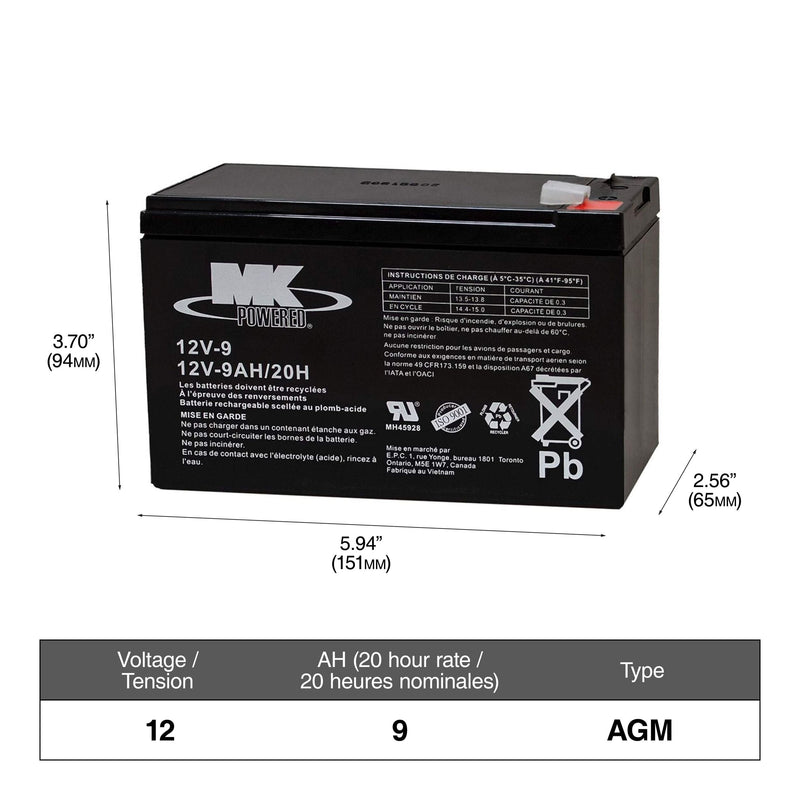 MK Battery 12-Volt 9 Ah SLA Battery, F2 Terminal S2