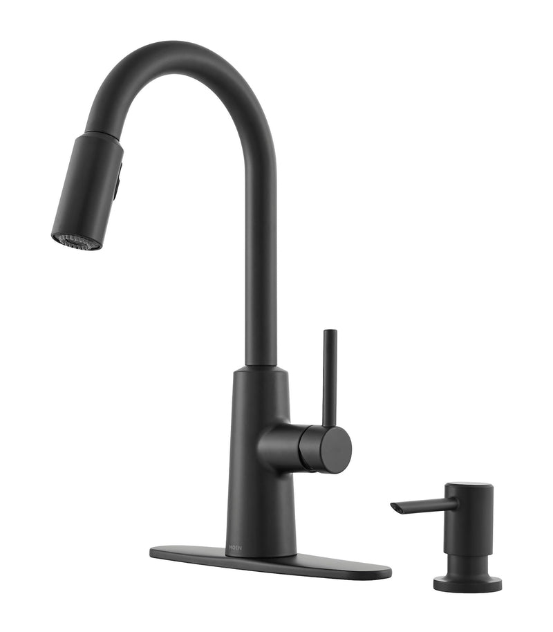 Moen Nori Single Handle Pulldown Kitchen Faucet with Soap Dispenser, Matte Black P2