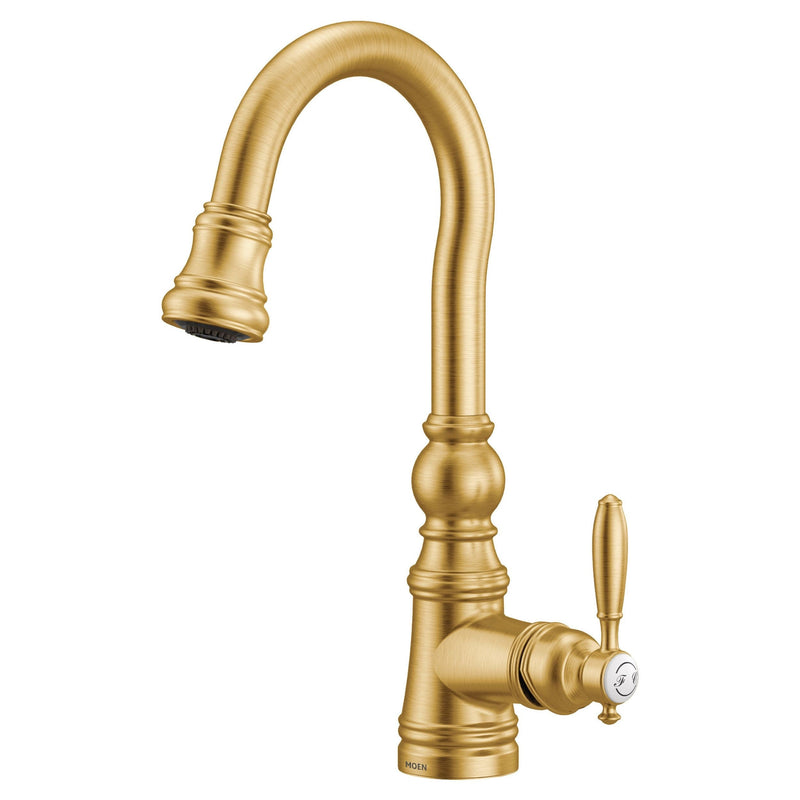 Moen Weymouth Single Handle High Arc Pull Down Sprayer Kitchen Faucet with Power Clean, Brushed Gold O8