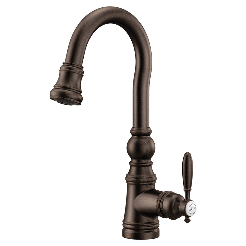 Moen Weymouth Single Handle High Arc Pull Down Sprayer Kitchen Faucet with Power Clean, Oil Rubbed Bronze N6
