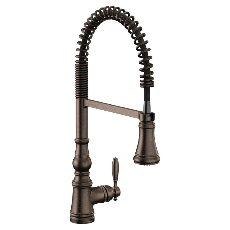 Moen Weymouth Single Handle Pre-Rinse Spring Pull Down Sprayer Kitchen Faucet with Power Boost, Oil Rubbed Bronze I0