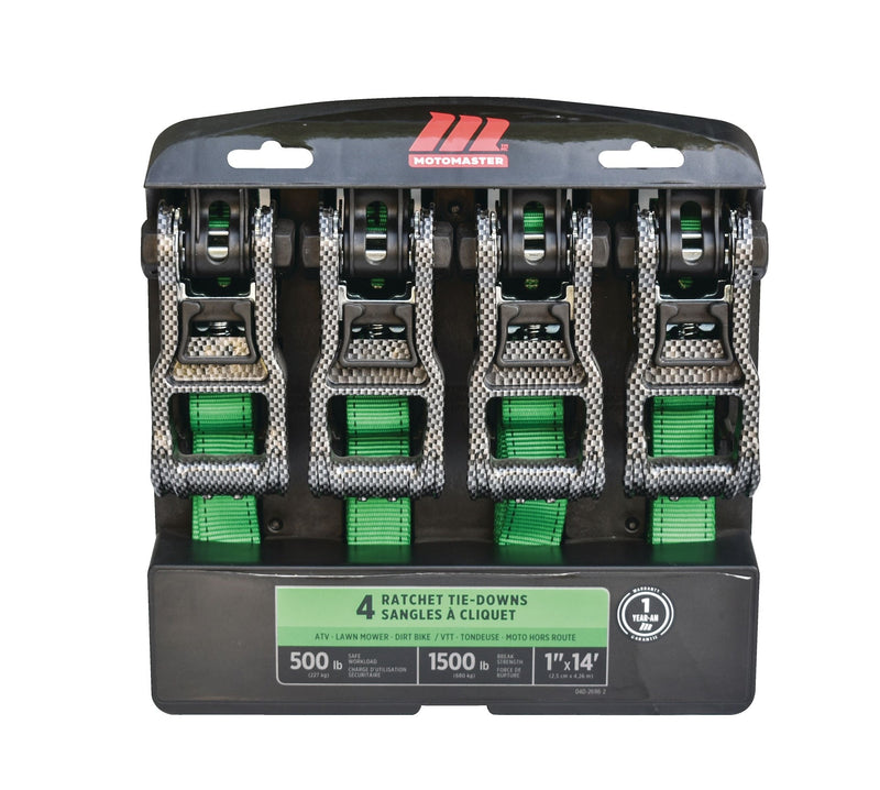 MotoMaster 1,500-lb Carbon Ratchet Tie Downs, Weatherproof, 1-in x 14-ft, 4-pk, Green A1