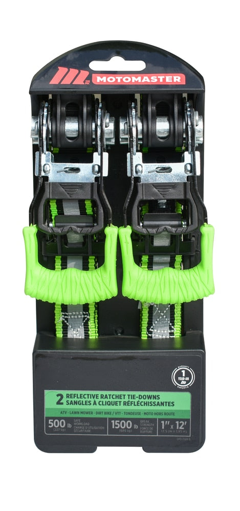 MotoMaster 1,500-lb Reflective Ratchet Tie-Down Strap with Padded D-Handle, 1-in x 12-ft, 2-pk U5