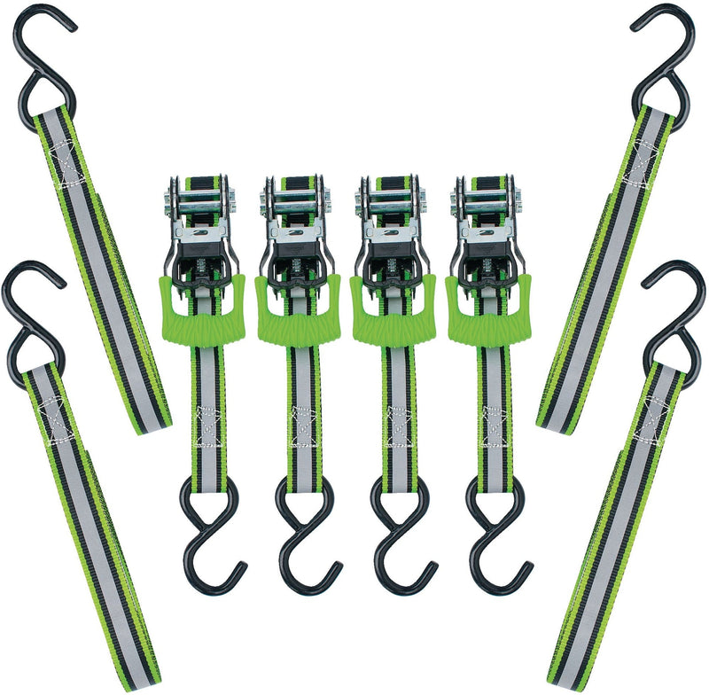 MotoMaster 1,500-lb Reflective Ratchet Tie Down Strap, with Padded D-Handle, 1-in x 12-ft, 4-pk, Green B5