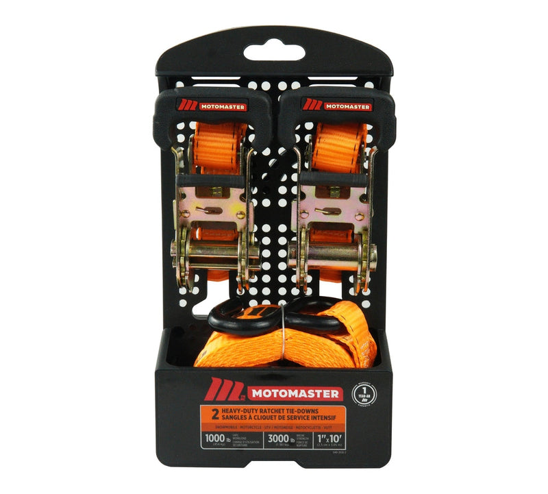 MotoMaster 3,000-lb Padded Handle Ratchet Tie Down Straps, 1.25-in x 10-ft, 2-pk V3
