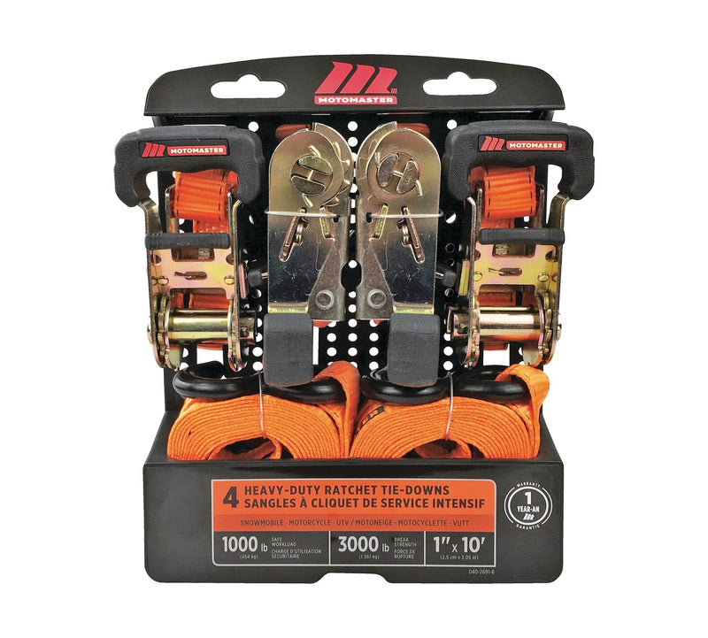 MotoMaster 3,000-lb Ratchet Tie Down Straps, with Power Grip Padded Handles, 1-in x 10-ft, 4-pk P7