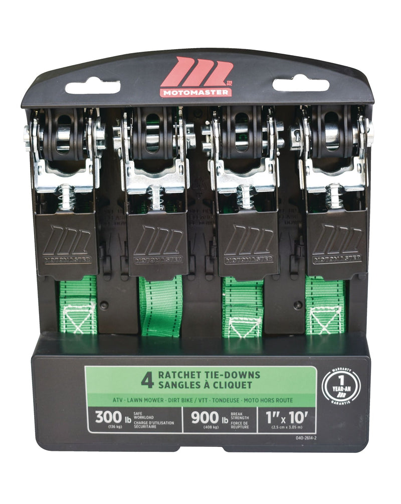 MotoMaster 900-lb Ratchet Tie-Down Straps, Non-Padded, 1-in x 10-ft, 4-pk Q7