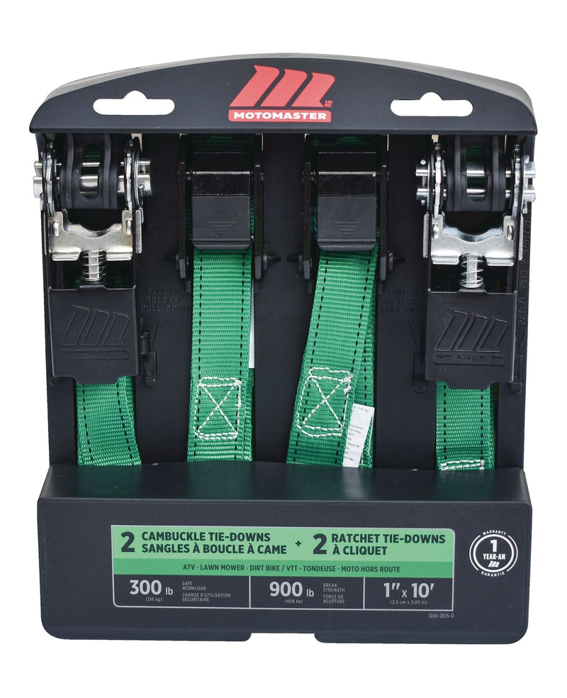 MotoMaster 900-lb Ratchet/Cambuckle Tie-Down Straps, Non-Padded, 1-in x 10-ft, 4-pk E2