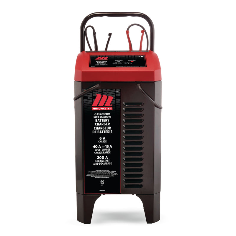 MotoMaster Classic Series Wheeled Smart Battery Charger, Fully Automatic, 40/15/6-Amp, 12V, with 200-Amp Engine Start W7