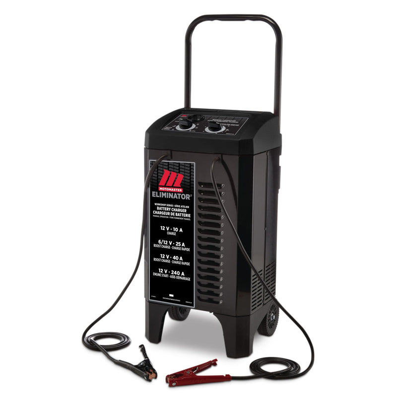 MotoMaster Eliminator Workshop Series Wheeled Battery Charger, Manually-Operated, 40/25/10-Amp, 6 & 12V, with 240-Amp Engine Start W5