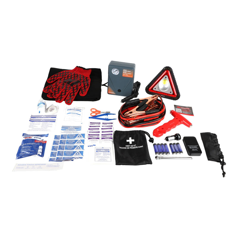 MotoMaster Executive Safety Kit with Booster Cables, Air Compressor & LED Flares K2