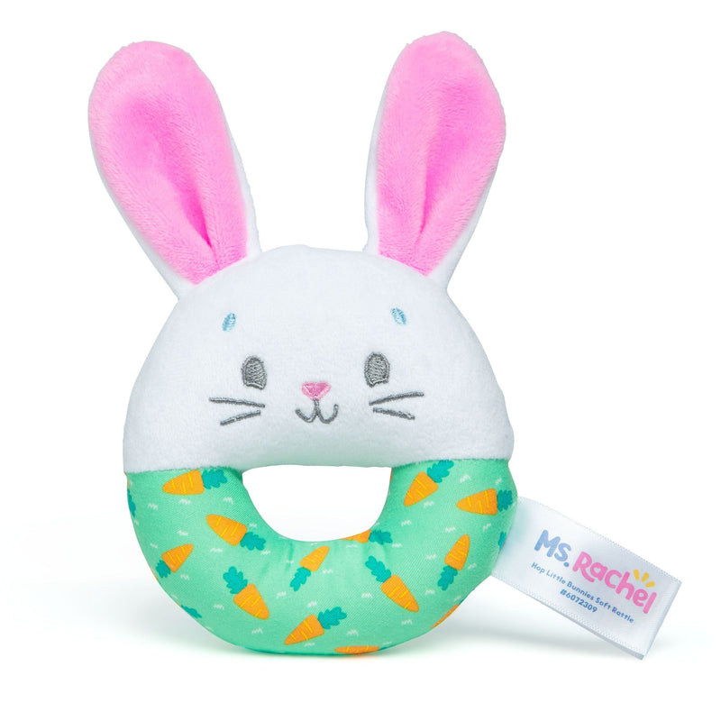 Ms. Rachel, Hop Little Bunnies Soft Rattle Toy, Baby Teething Toys with Plush Bunny Cover, Toddler Toys E1