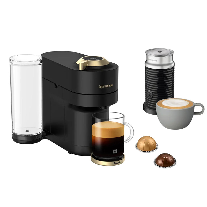 Nespresso Vertuo Pop+ Deluxe Coffee and Espresso Machine by Breville with Aeroccino with $25 Nespresso Coffee Credit, Matte Black and Gold U0
