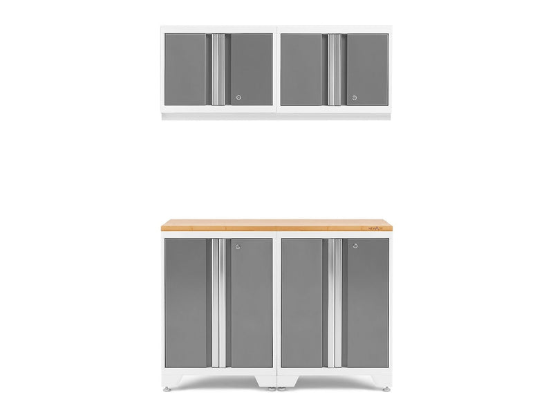 NewAge Bold 3.0 Series All-in-One Lockable Steel Garage Cabinetry Set with Bamboo Top, White/Platinum, 48-in x 18-in x 76.75-in, 5-pc S8