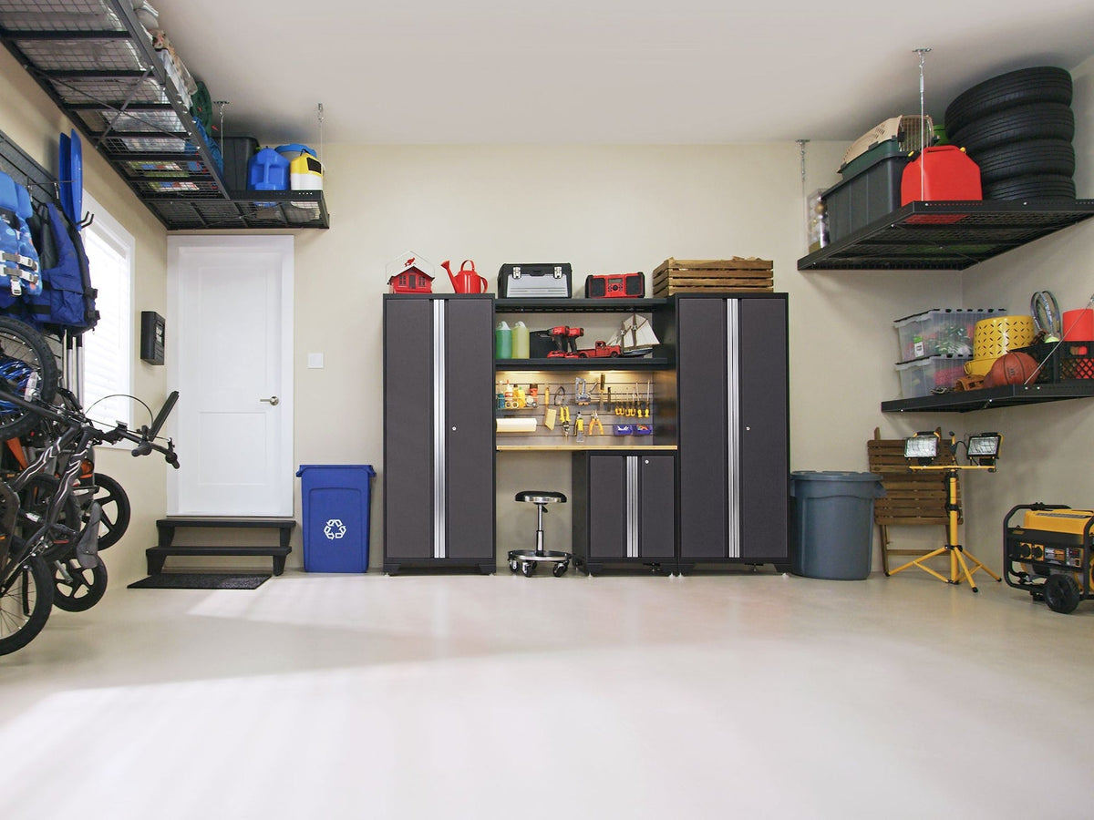 NewAge Bold 3.0 Series All-in-One Lockable Steel Garage Cabinetry Set with Stainless Steel Top, Black/Grey, 48-in x 18-in x 76.75-in, 5-pc