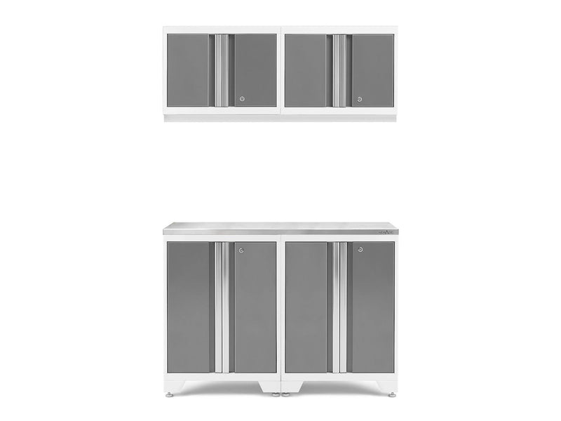 NewAge Bold 3.0 Series All-in-One Lockable Steel Garage Cabinetry Set with Stainless Steel Top, White/Platinum, 48-in x 18-in x 76.75-in, 5-pc T4