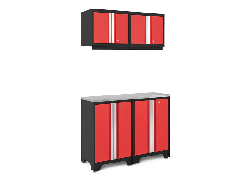 NewAge Bold 3.0 Series All-in-One Lockable Steel Garage Cabinetry Set with Stainless Steel Top, Black/Red, 48-in x 18-in x 76.75-in, 5-pc T5