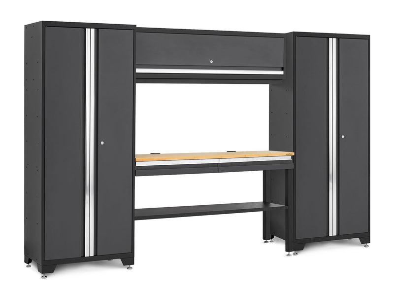 NewAge Bold 3.0 Series Lockable Steel Garage Cabinetry Set with Bamboo Top, Grey, 120-in x 18-in x 72-in, 5-pc K2