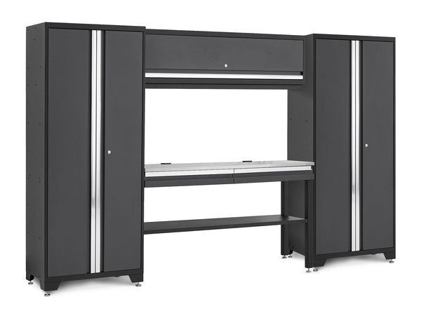 NewAge Bold 3.0 Series Lockable Steel Garage Cabinetry Set with Stainless Steel Top, Grey, 120-in x 18-in x 72-in, 5-pc W1