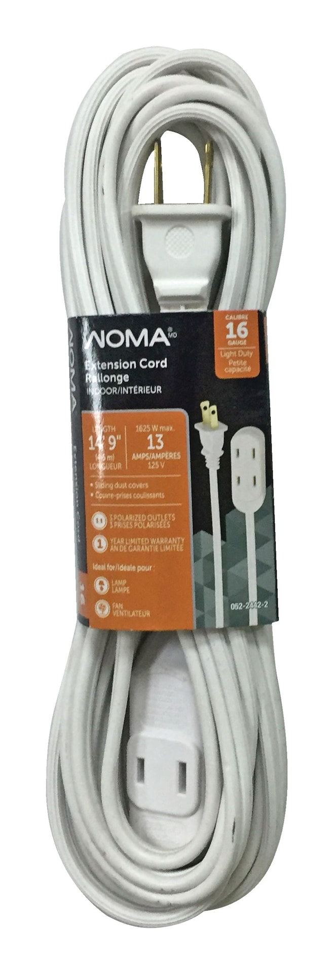 NOMA 14-ft 9-in 16/2 Indoor Extension Cord, Light-Duty, 3 Outlets, White V4