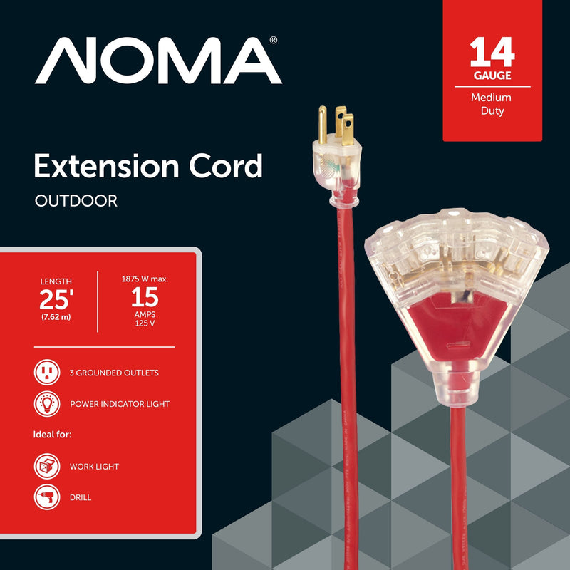 NOMA 14/3 Outdoor Extension Cord with 3 Grounded Outlets & Lighted End, Red Q7