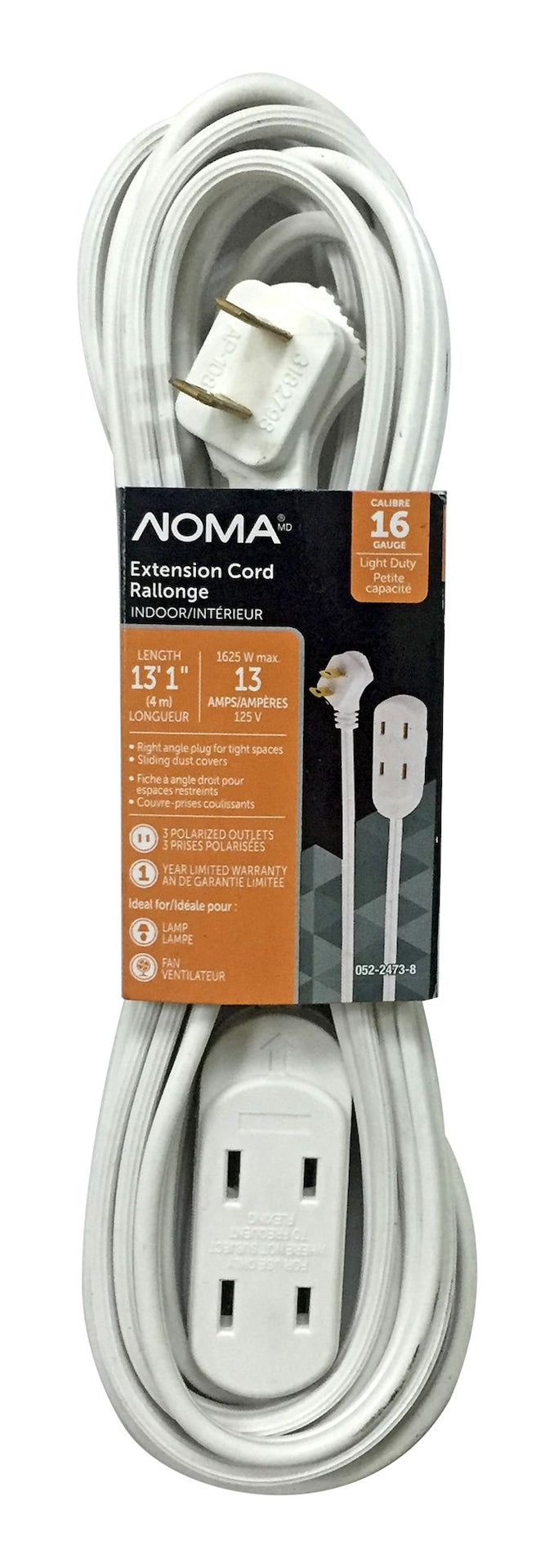NOMA 15-ft 16/2 Indoor Extension Cord, 3 Outlets, Flat Plug, White U1