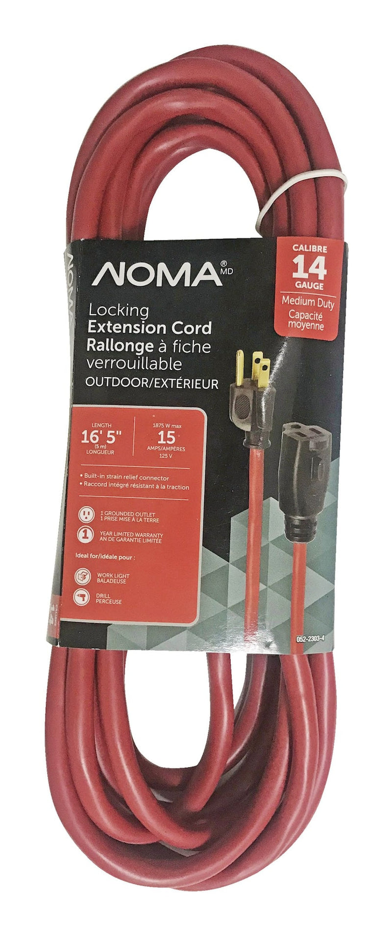 NOMA 16-ft 5-in 14/3 Outdoor Extension Cord with Grounded Outlet and Locking Connector, Red O9