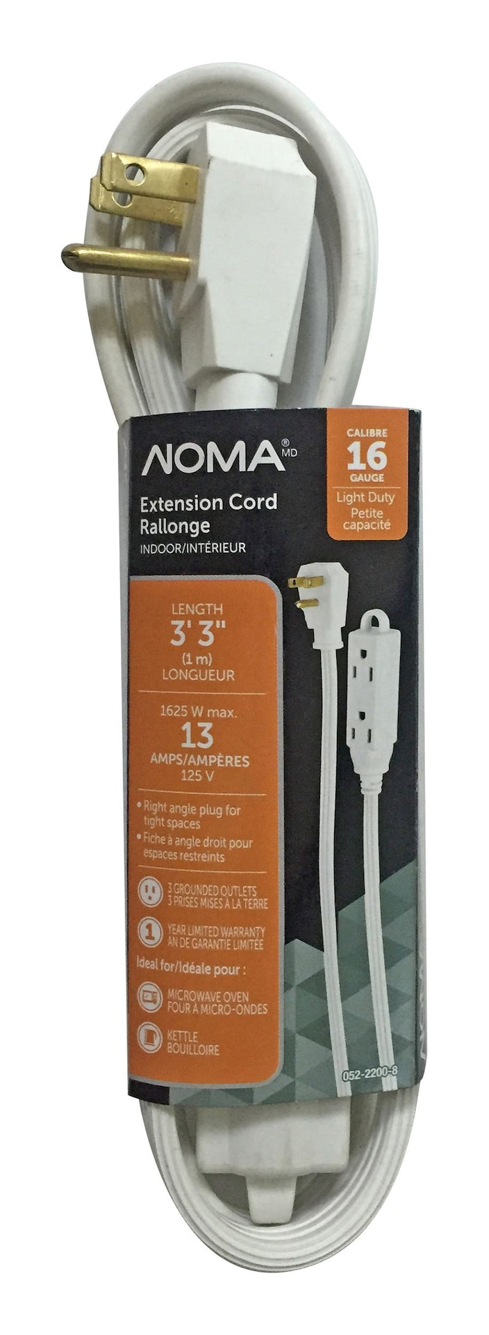 NOMA 3-ft 3-in 16/3 Indoor Extension Cord with Right Angle Plug, 3 Grounded Outlets, White Z7